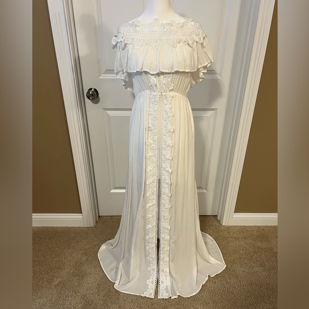 Tassels N Lace off shoulder strapless maxi dress